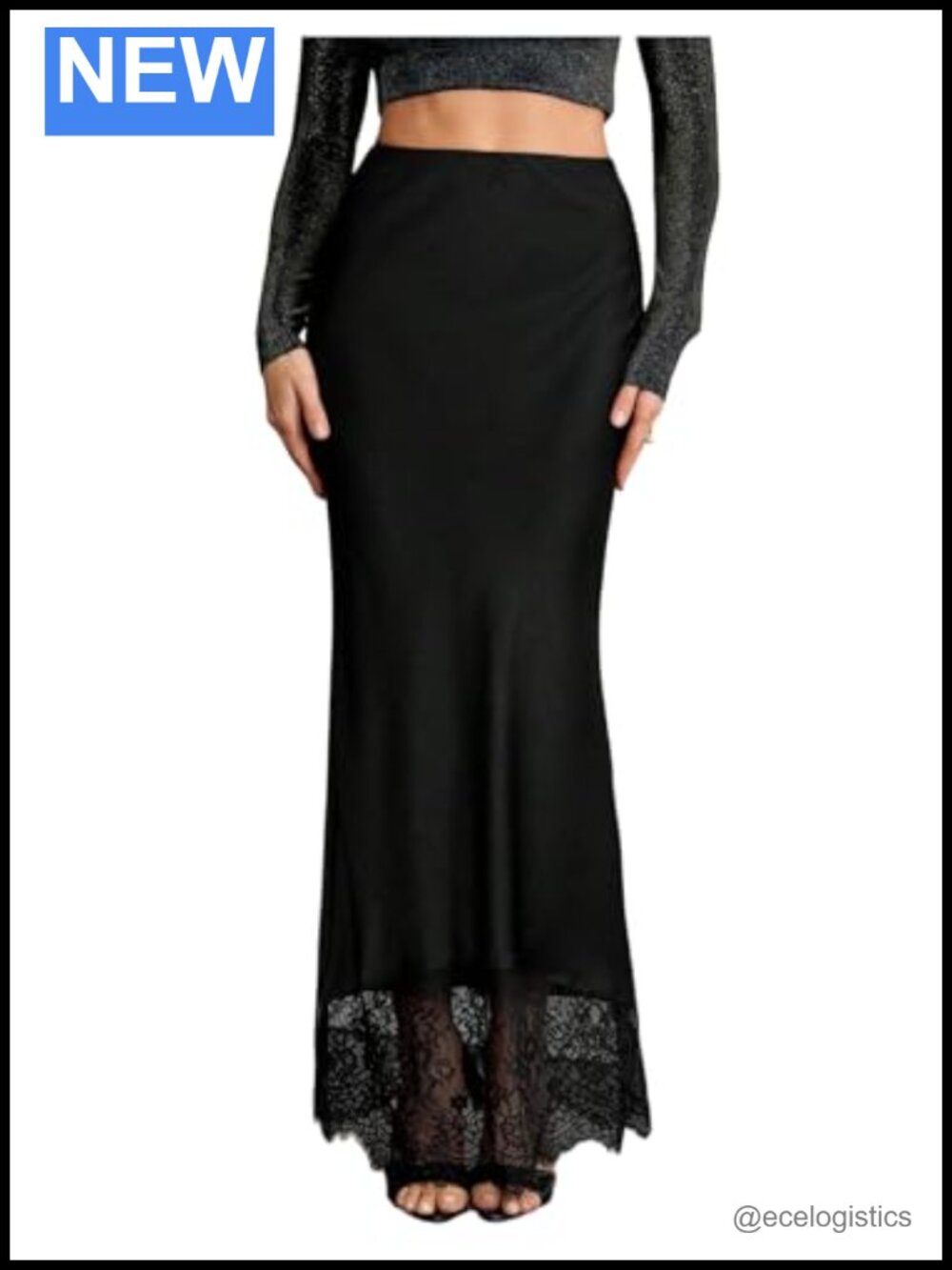 Silk Satin Maxi Skirt Low Rise High Waisted Bodycon Lace Trim Party